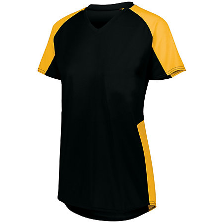 Ladies cutter volleyball jersey with short sleeves and v-neck in black with gold accent.