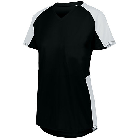 Ladies cutter volleyball jersey with short sleeves and v-neck in black with white accent.
