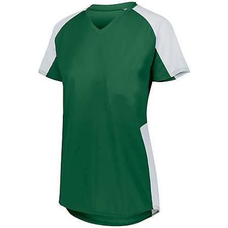 Ladies cutter volleyball jersey with short sleeves and v-neck in forest green with white accent.
