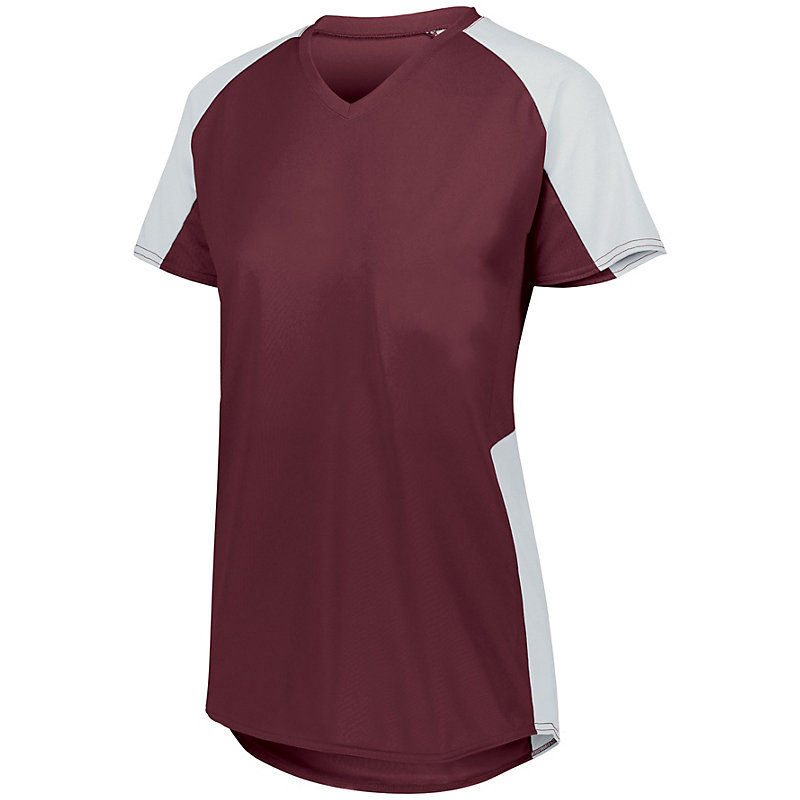 Ladies cutter volleyball jersey with short sleeves and v-neck in maroon with white accent.