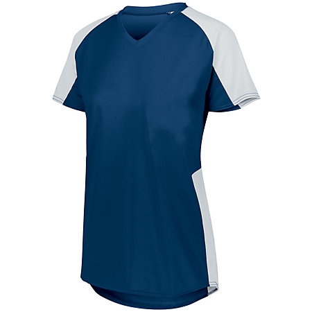 Ladies cutter volleyball jersey with short sleeves and v-neck in navy blue with white accent.