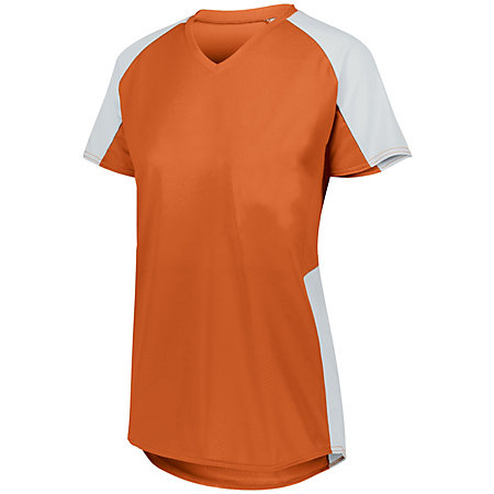 Ladies cutter volleyball jersey with short sleeves and v-neck in orange with white accent.