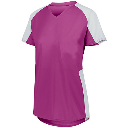 Ladies cutter volleyball jersey with short sleeves and v-neck in fuchsia pink with white accent.