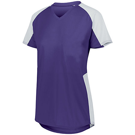 Ladies cutter volleyball jersey with short sleeves and v-neck in grape purple with white accent.