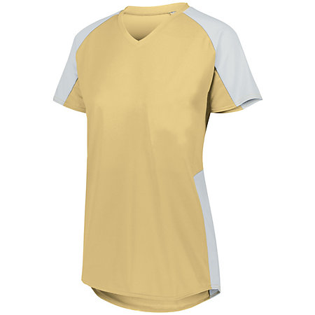 Ladies cutter volleyball jersey with short sleeves and v-neck in vegas gold with whiteaccent.