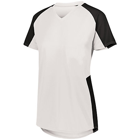 White ladies volleyball jersey with black accents, short sleeves, and v-neck