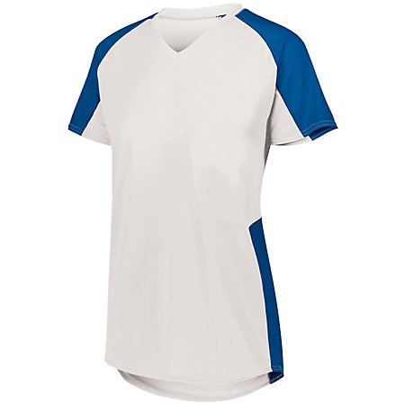 White ladies volleyball jersey with blue accents, short sleeves, and v-neck